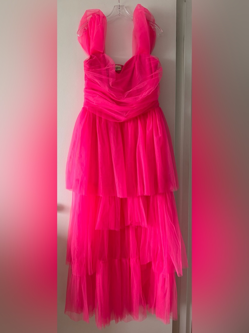 LACE & BEADS Hot Pink Tiered Tulle Maxi Dress Smocked Bodice Size UK 20/US 14-16